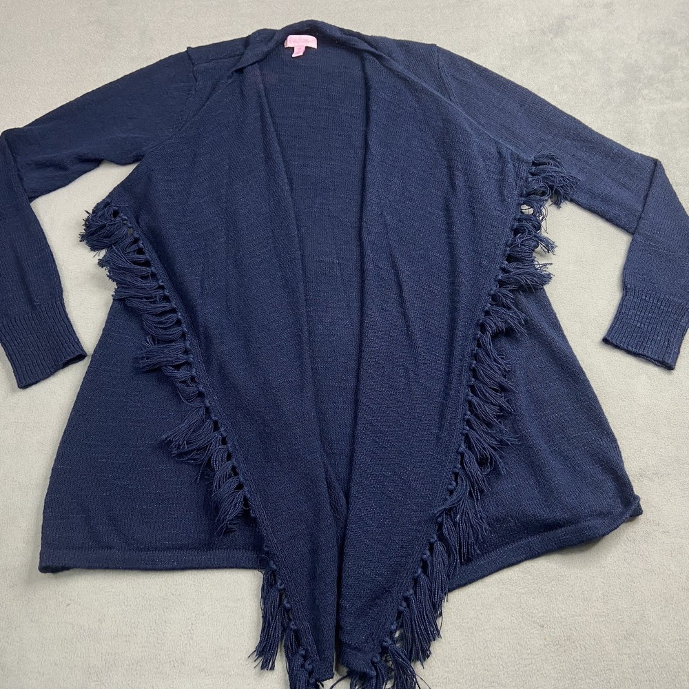 Lilly Pulitzer Sweater‎ Cardigan Womens Large Navy Tatum Open Fringe Boho Light